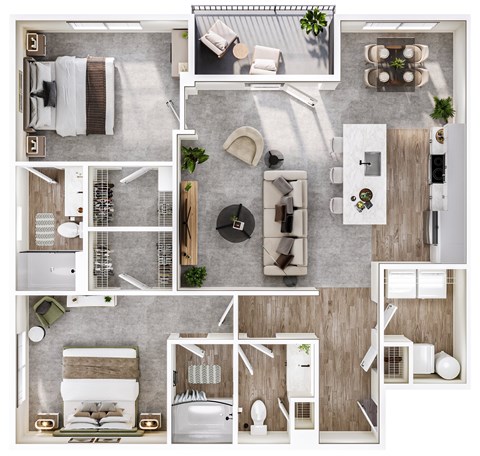 Floor plan for 2 beds, 2 baths, 1273 sqft